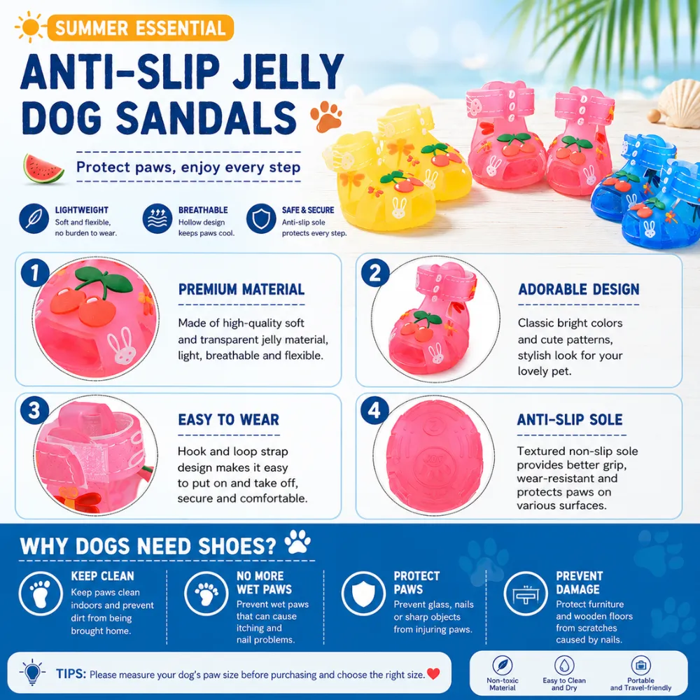 Feature overview of breathable anti-slip jelly dog sandals with soft material, secure straps, and textured sole