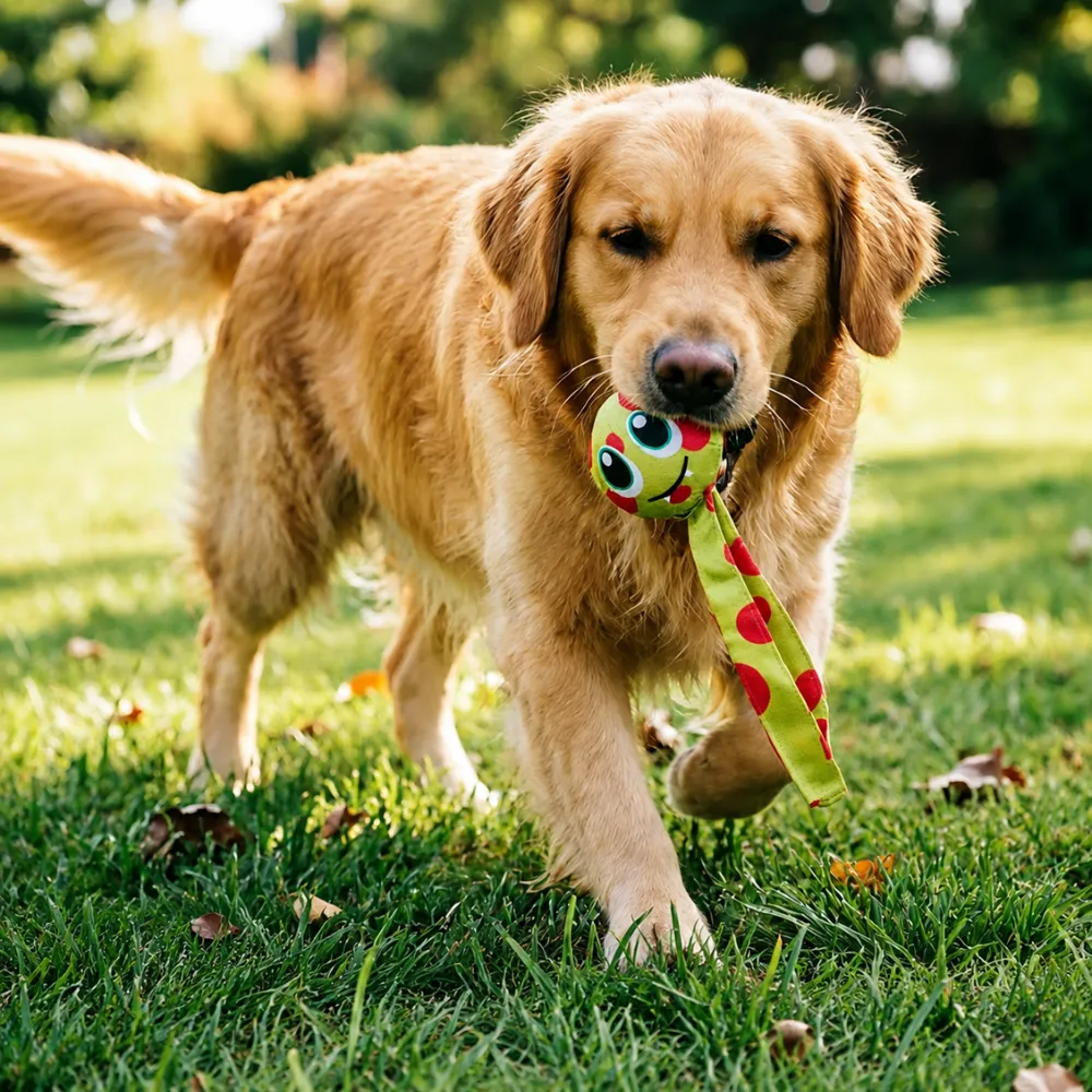 Golden retriever carrying colorful squeaky plush dog toy while playing outdoors on grass