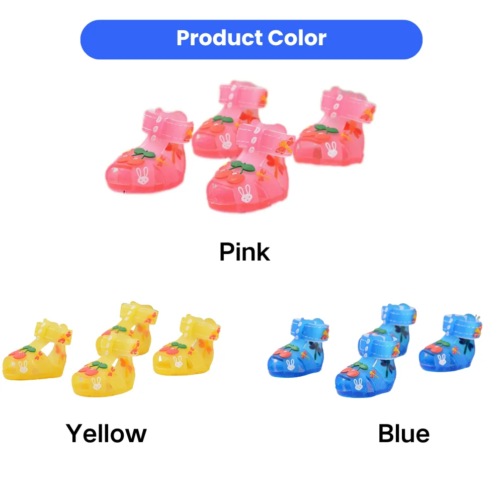 Color options of anti-slip jelly dog sandals in pink, yellow, and blue for small dogs and puppies