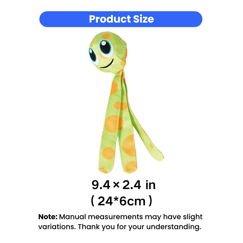 Size details of plush squeaky dog toy measuring 9.4 x 2.4 inches for small and medium dogs