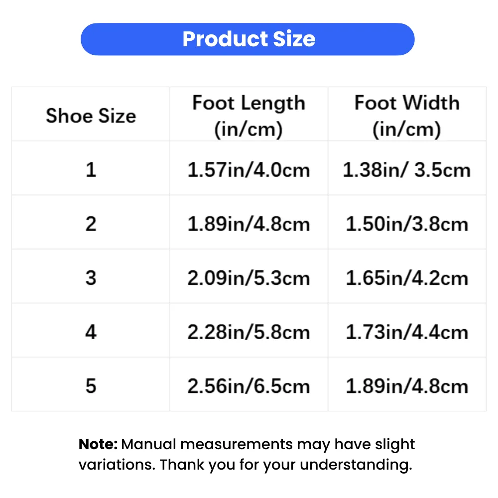 Size chart for anti-slip jelly dog sandals showing foot length and foot width measurements in inches and centimeters
