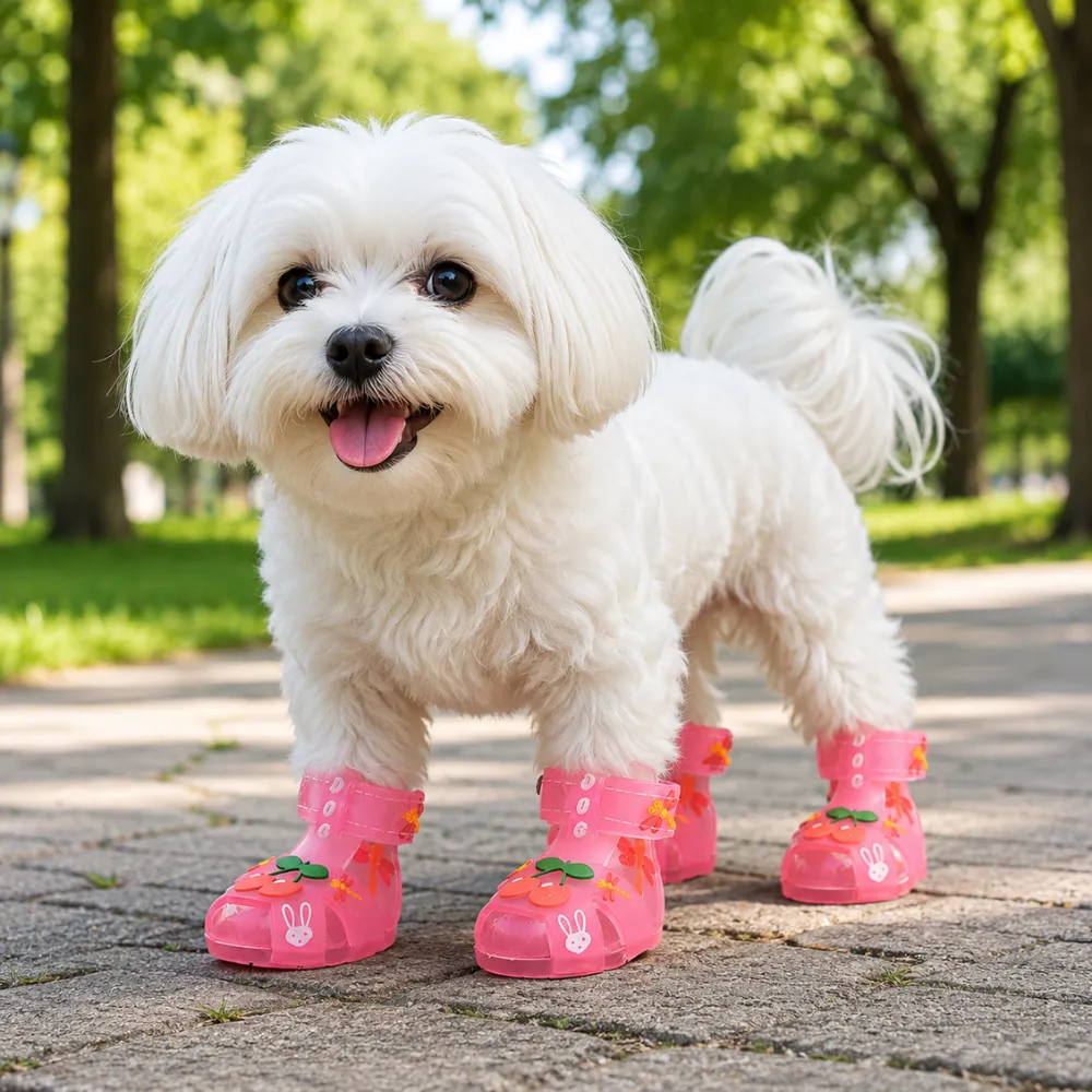 Cute white small dog wearing pink anti-slip jelly sandals while walking outdoors on a sunny day
