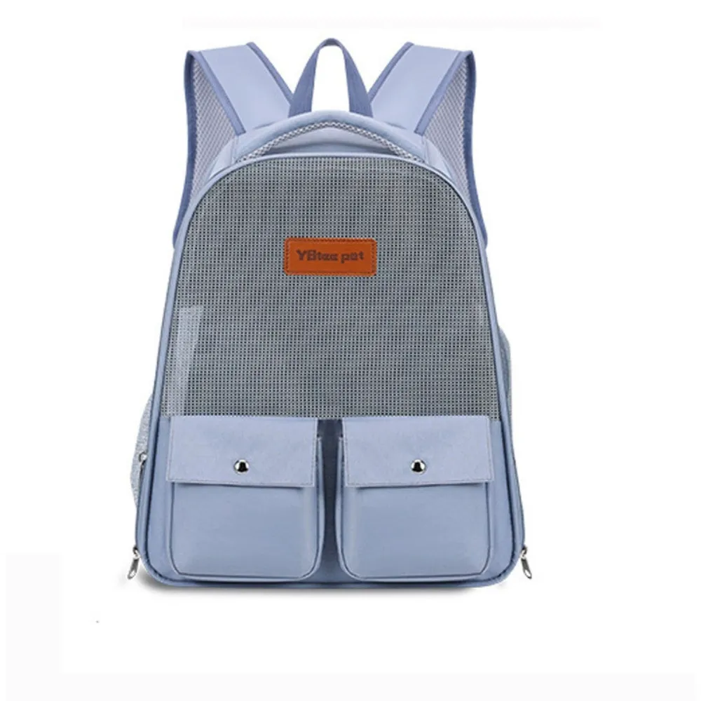 Blue Mesh Cat Carrier Backpack Front View Blue breathable cat carrier backpack with front mesh ventilation and dual storage pockets