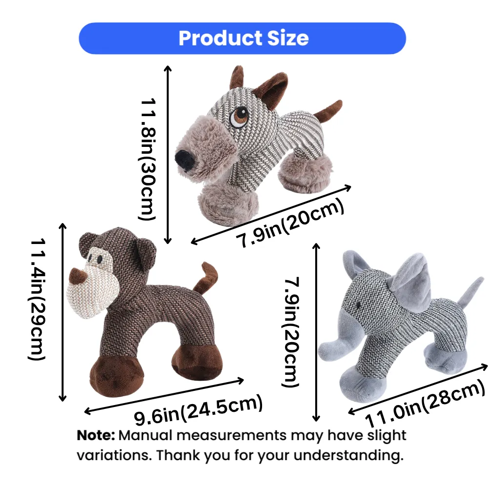 Plush animal dog toy size comparison chart with dimensions for monkey cow and elephant toys