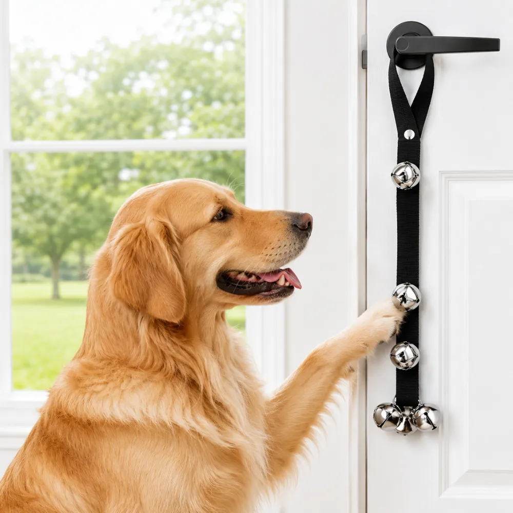 Golden retriever pressing dog doorbell leash attached to door handle for potty training