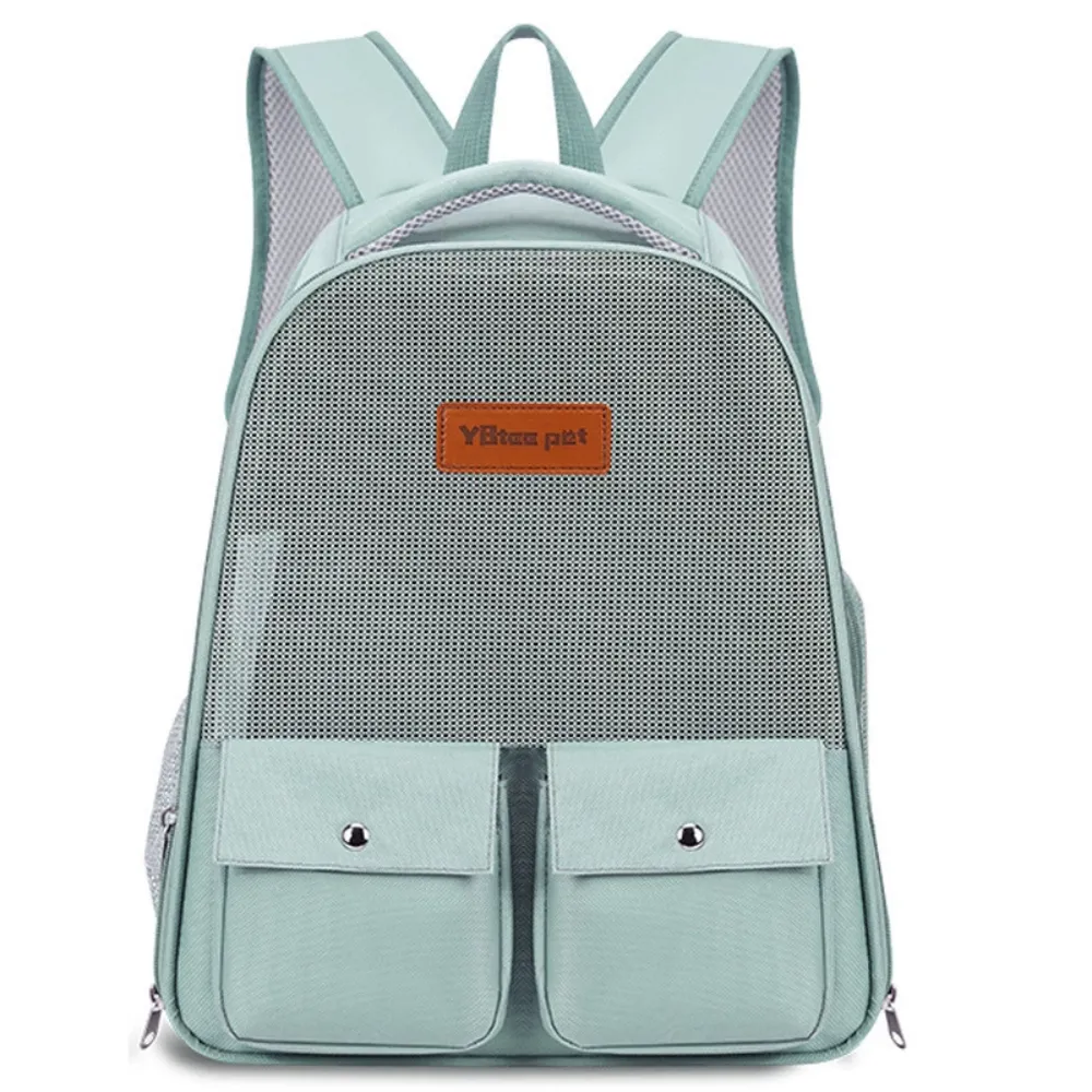 Green Breathable Pet Carrier Backpack Front View Green breathable pet carrier backpack with spacious storage pockets and mesh front
