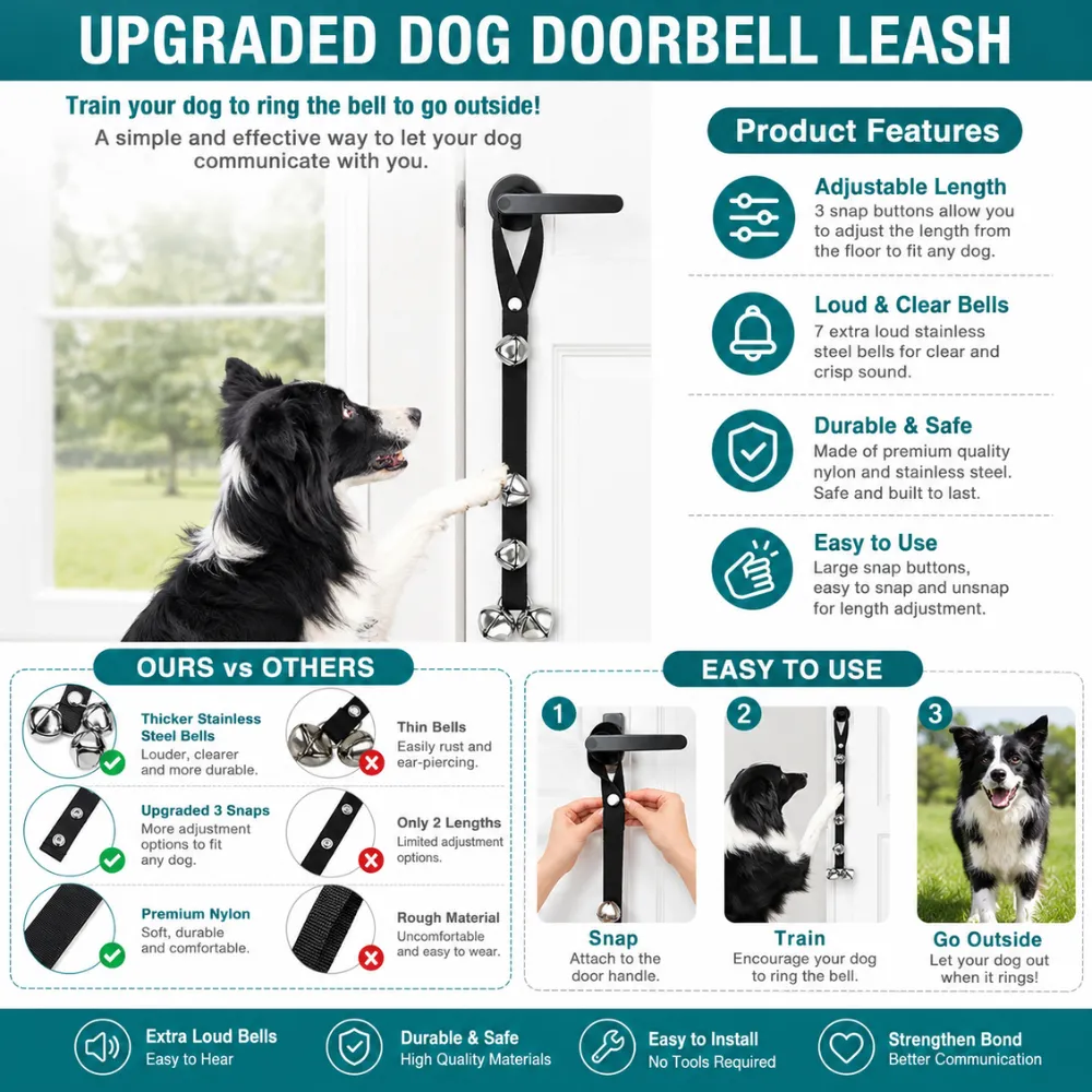 Upgraded dog doorbell leash hanging on door handle for indoor dog potty training