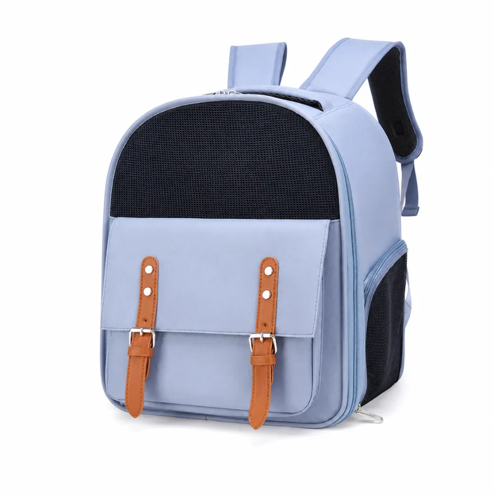 Blue Cat Travel Backpack Side View Blue breathable cat travel backpack with side mesh ventilation and secure buckle design