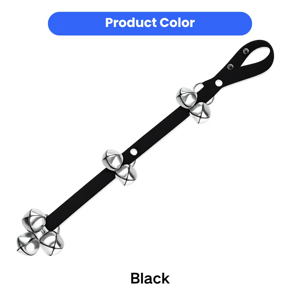Black adjustable dog potty training bell strap with multiple stainless steel bells