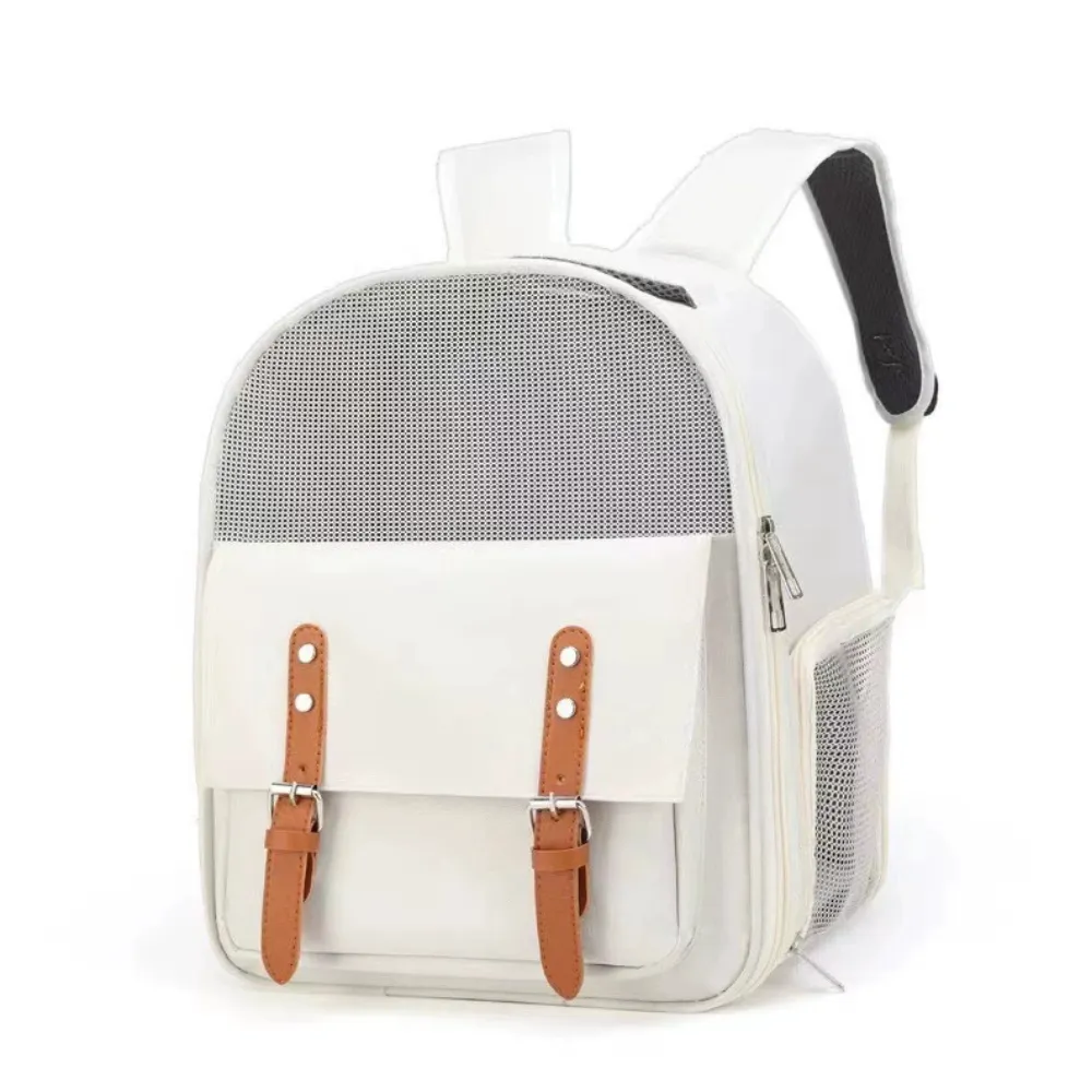 White Breathable Pet Backpack Carrier Side View White breathable pet backpack carrier with side mesh ventilation and spacious interior