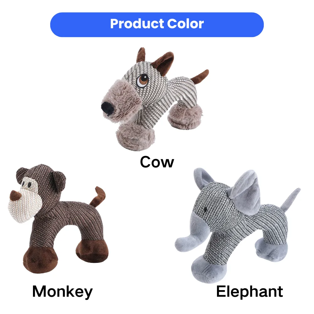 Plush dog toys available in cow monkey and elephant styles for puppies and medium dogs