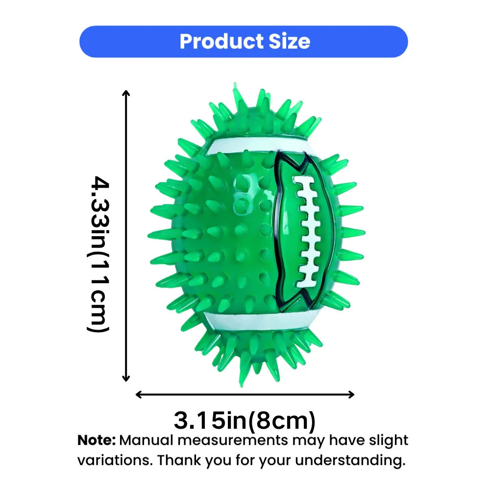 Green spiky rugby-shaped dog chew ball toy with product size dimensions 3.15in x 4.33in for pet chewing and interactive play