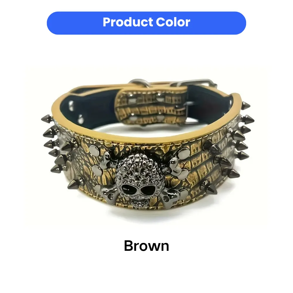Brown PU leather skull spike dog collar for Halloween pet costumes and daily wear