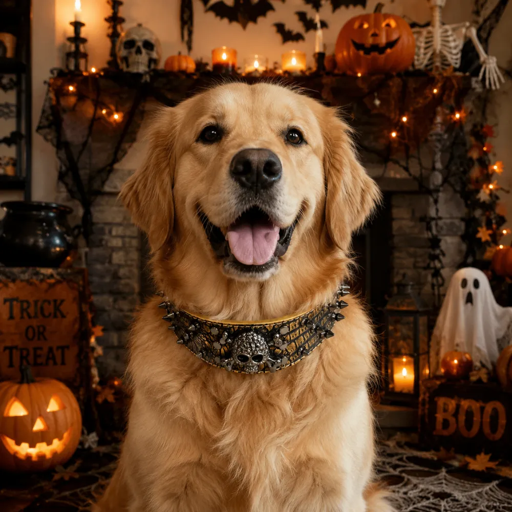 Golden retriever wearing a Halloween skull spike dog collar in festive Halloween home decor