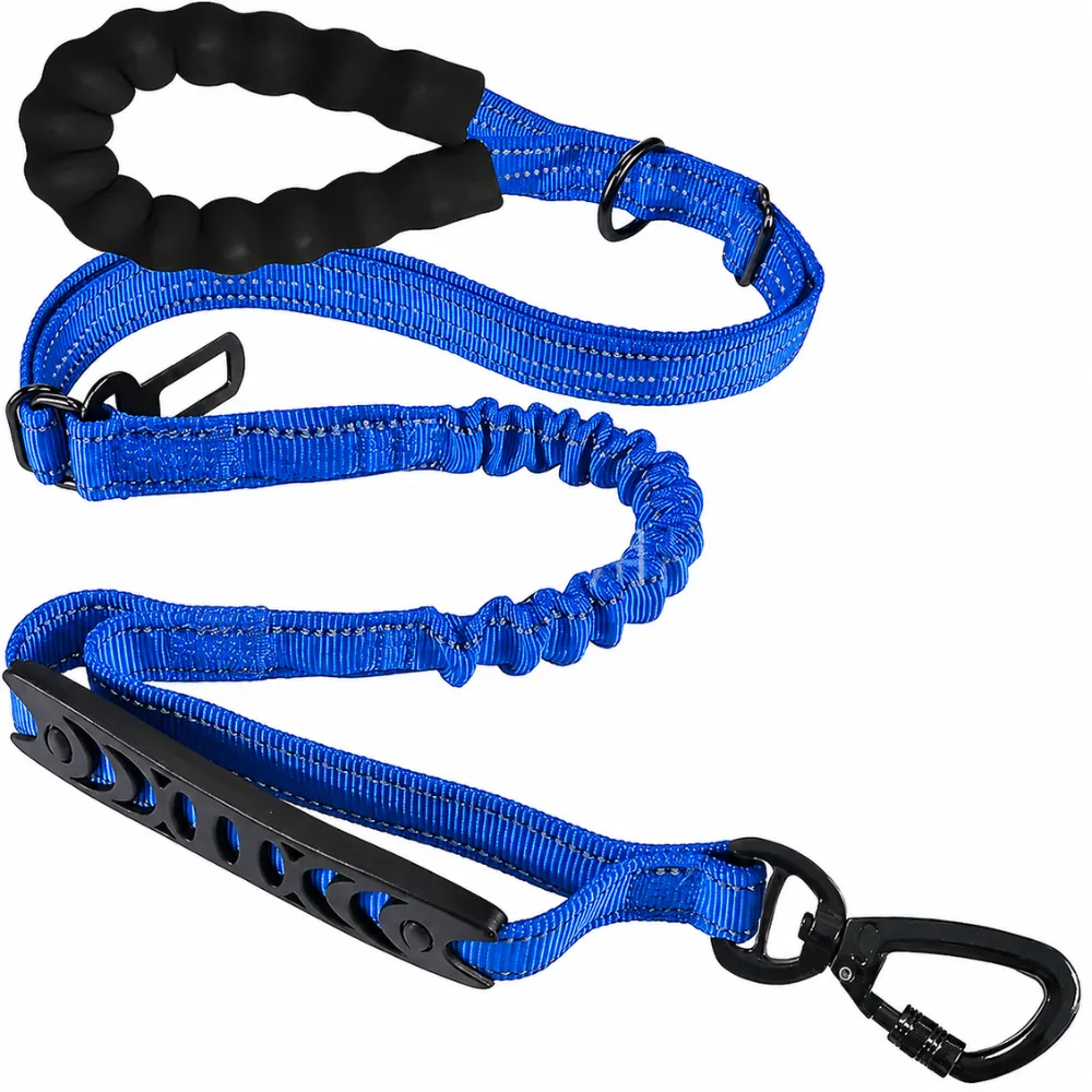 Blue shock absorbing dog leash featuring reflective webbing and soft foam handle