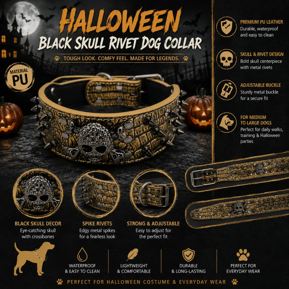 Halloween black skull rivet dog collar with waterproof PU leather and adjustable buckle