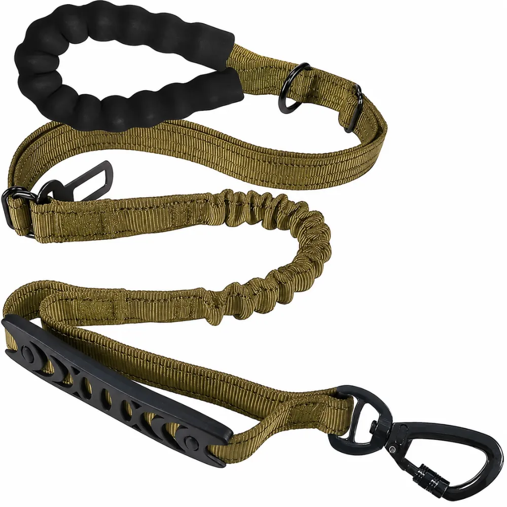 Khaki elastic dog leash with reflective stitching and heavy duty rotating hook