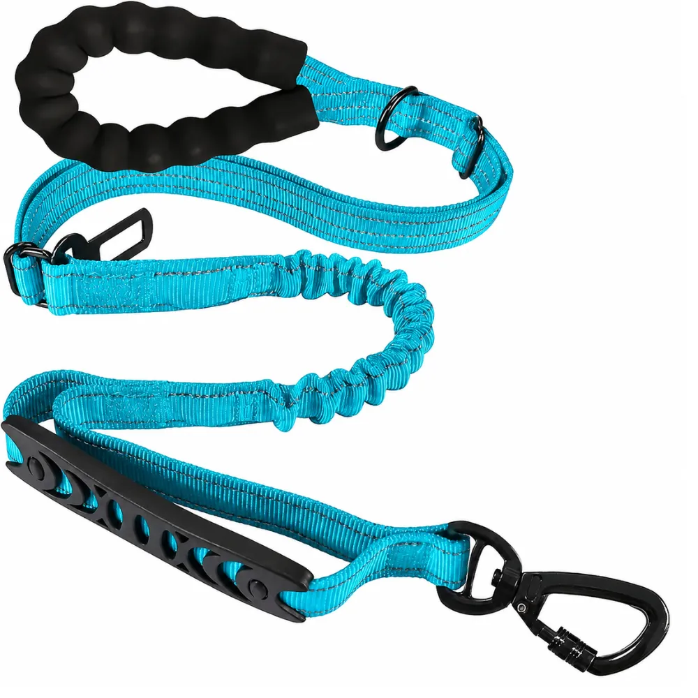 Sky blue reflective dog leash with shock absorbing elastic section and safety hook