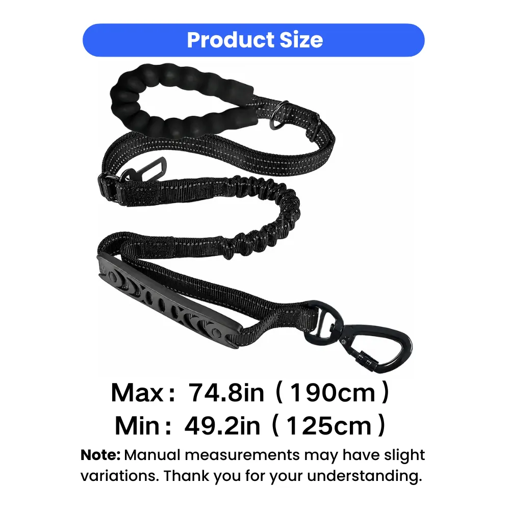 Adjustable shock absorbing dog leash with elastic bungee design from 49.2in to 74.8in