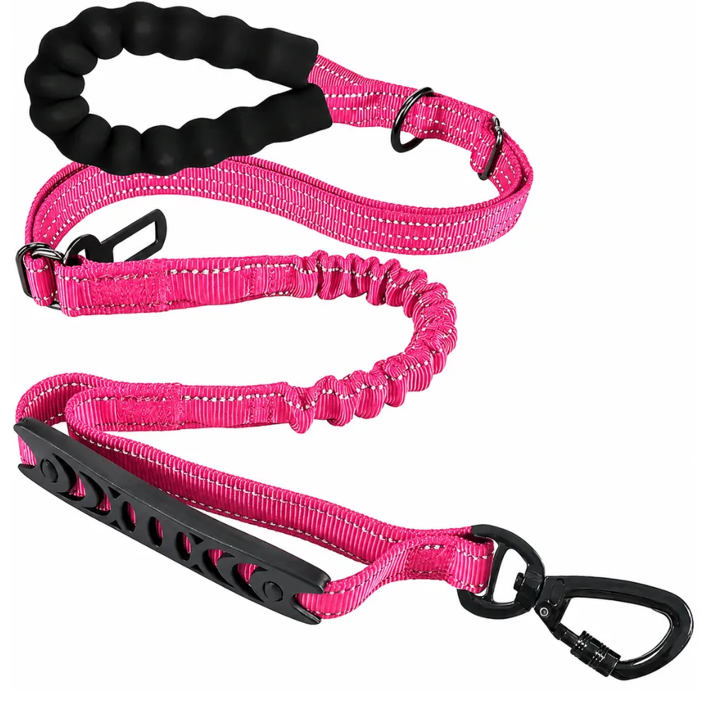 Pink shock absorbing dog leash with padded handle and durable zinc alloy hook