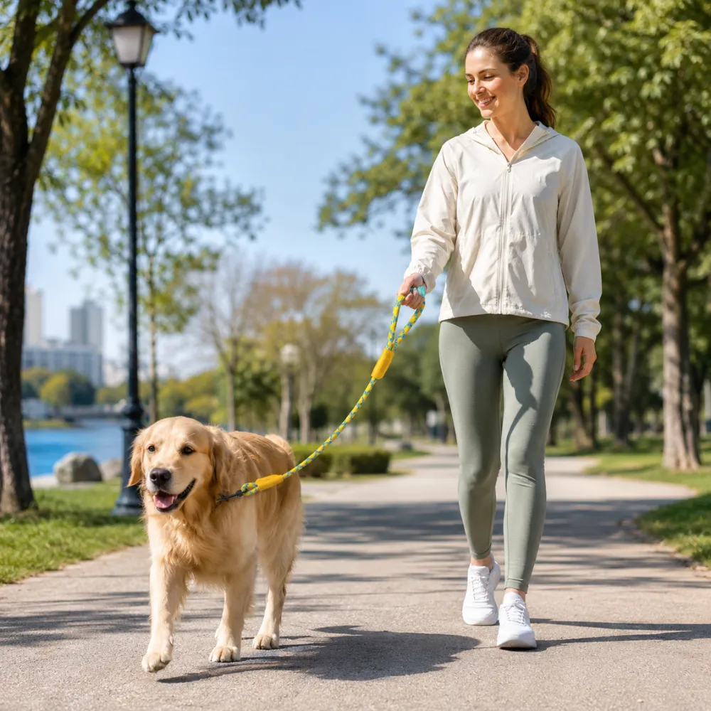 Woman walking golden retriever outdoors using reflective nylon rope dog leash