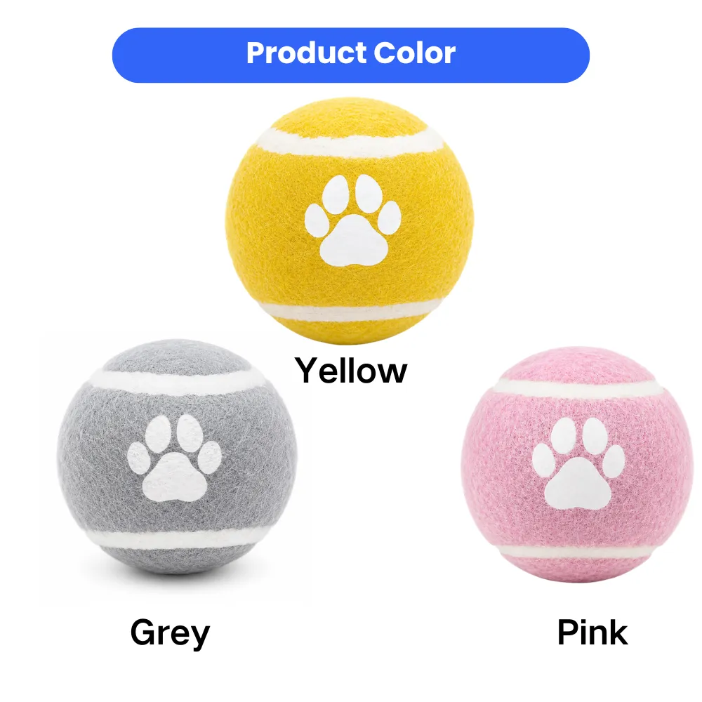 Dog bounce ball toy available in yellow, grey, and pink colors with paw print design