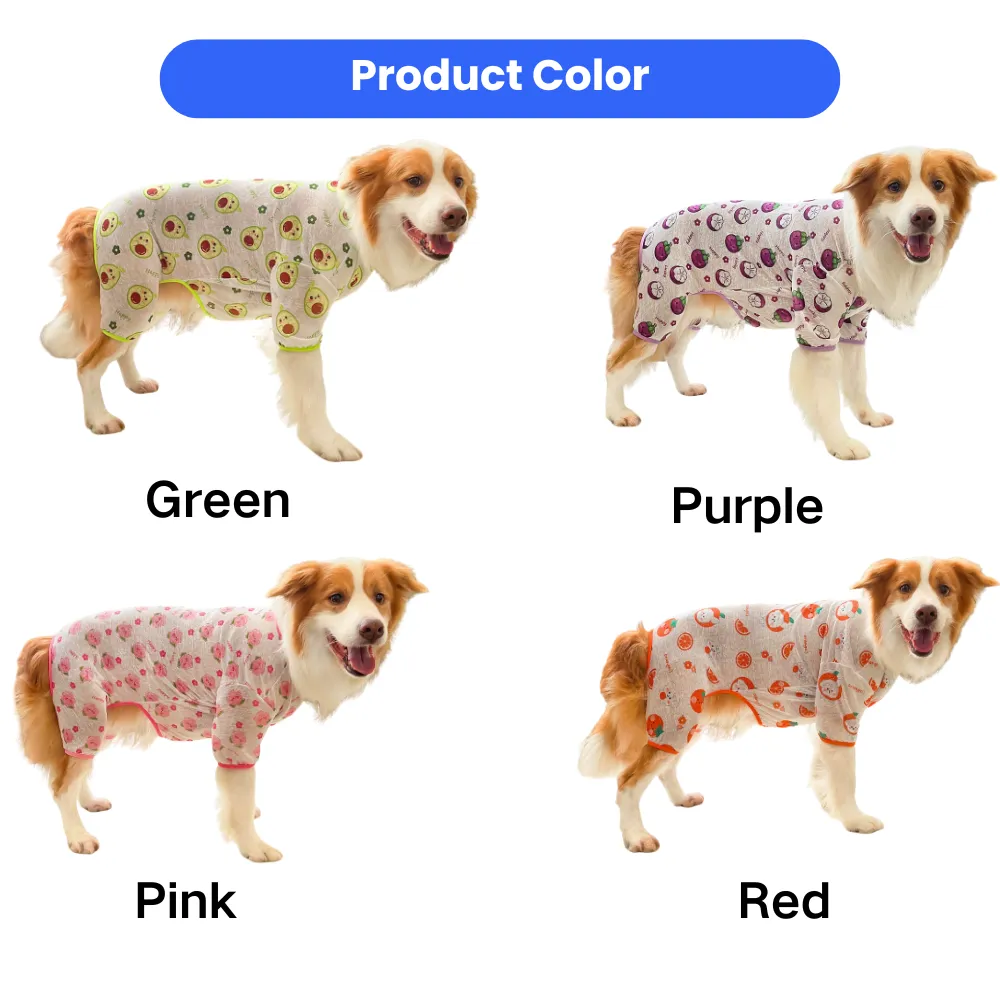 Breathable summer dog clothes available in green, purple, pink, and red fruit print designs