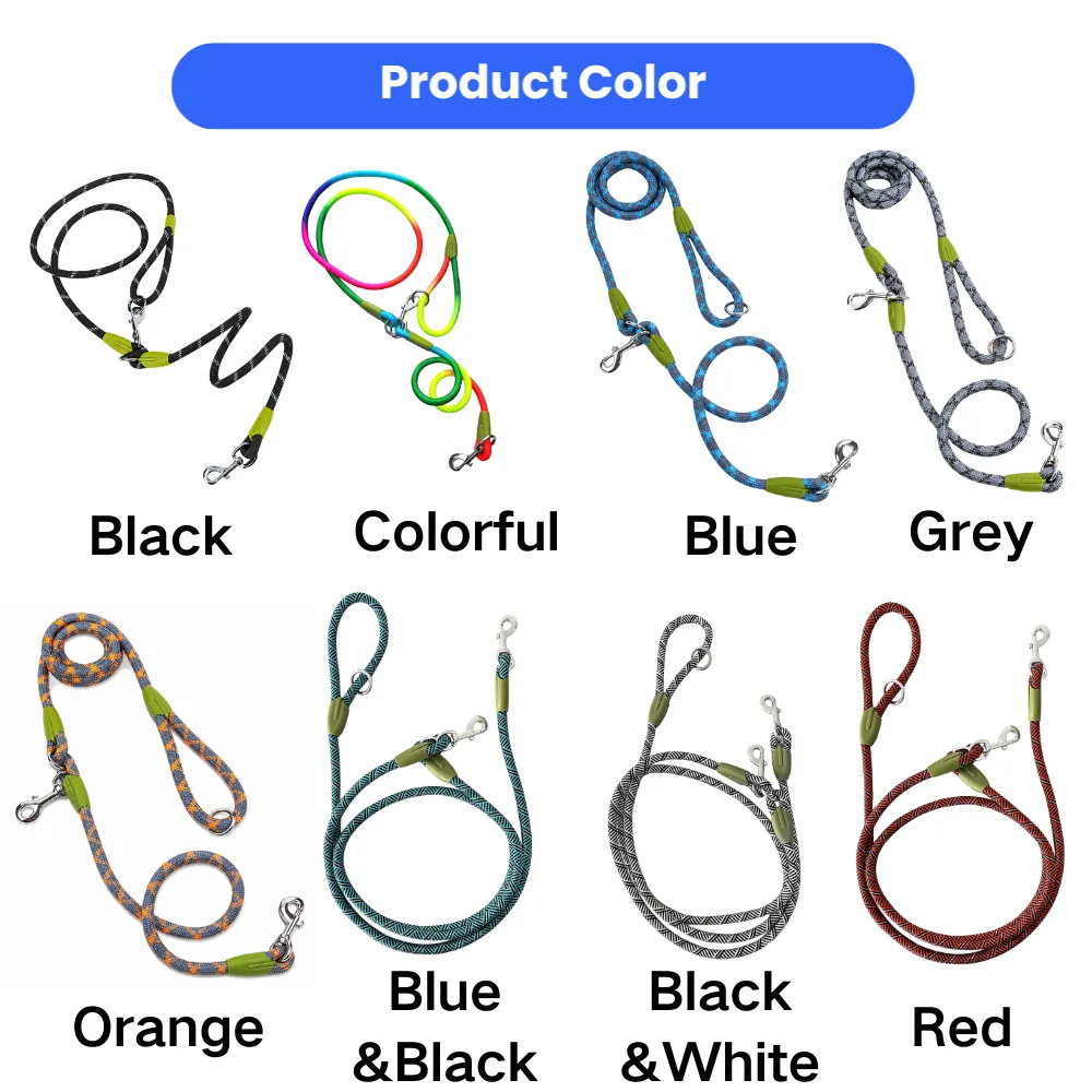 Multi-color reflective rope dog leash collection with adjustable hands-free design