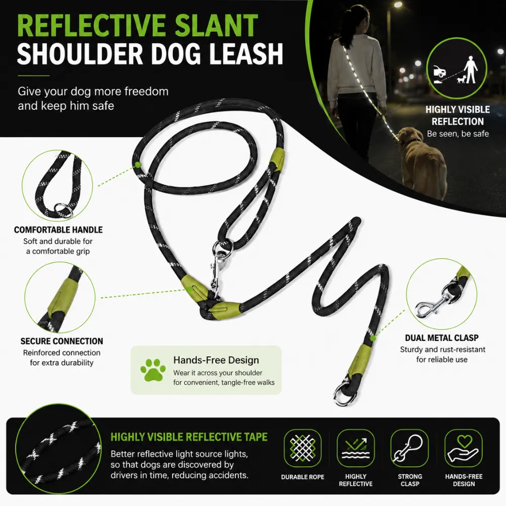 Reflective shoulder dog leash with strong metal clasp and durable rope construction