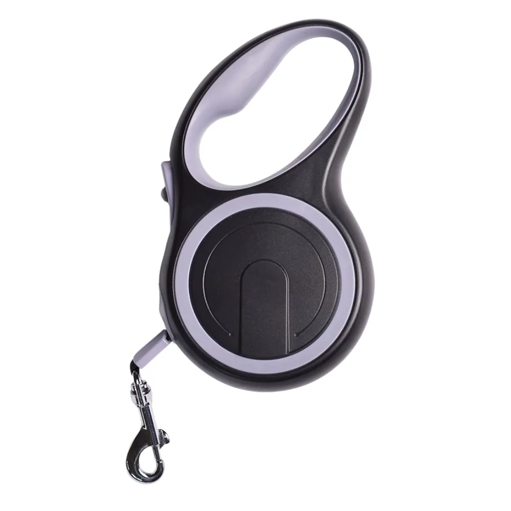 Grey retractable dog leash with anti-slip ergonomic handle and automatic retractable tape