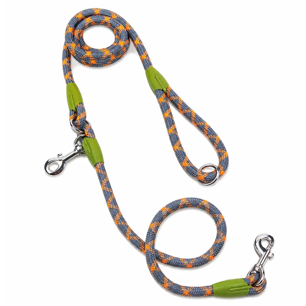 Orange reflective dog leash with durable braided rope and secure metal hardware