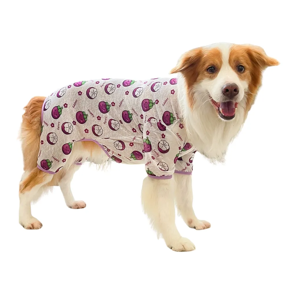 Large dog wearing purple fruit print breathable summer dog clothes on white background
