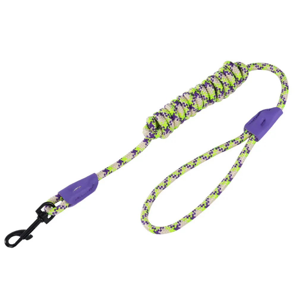 Purple and green reflective rope dog leash with ergonomic handle and swivel hook
