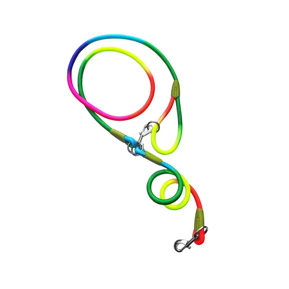 Colorful reflective rope dog leash with adjustable hands-free shoulder design