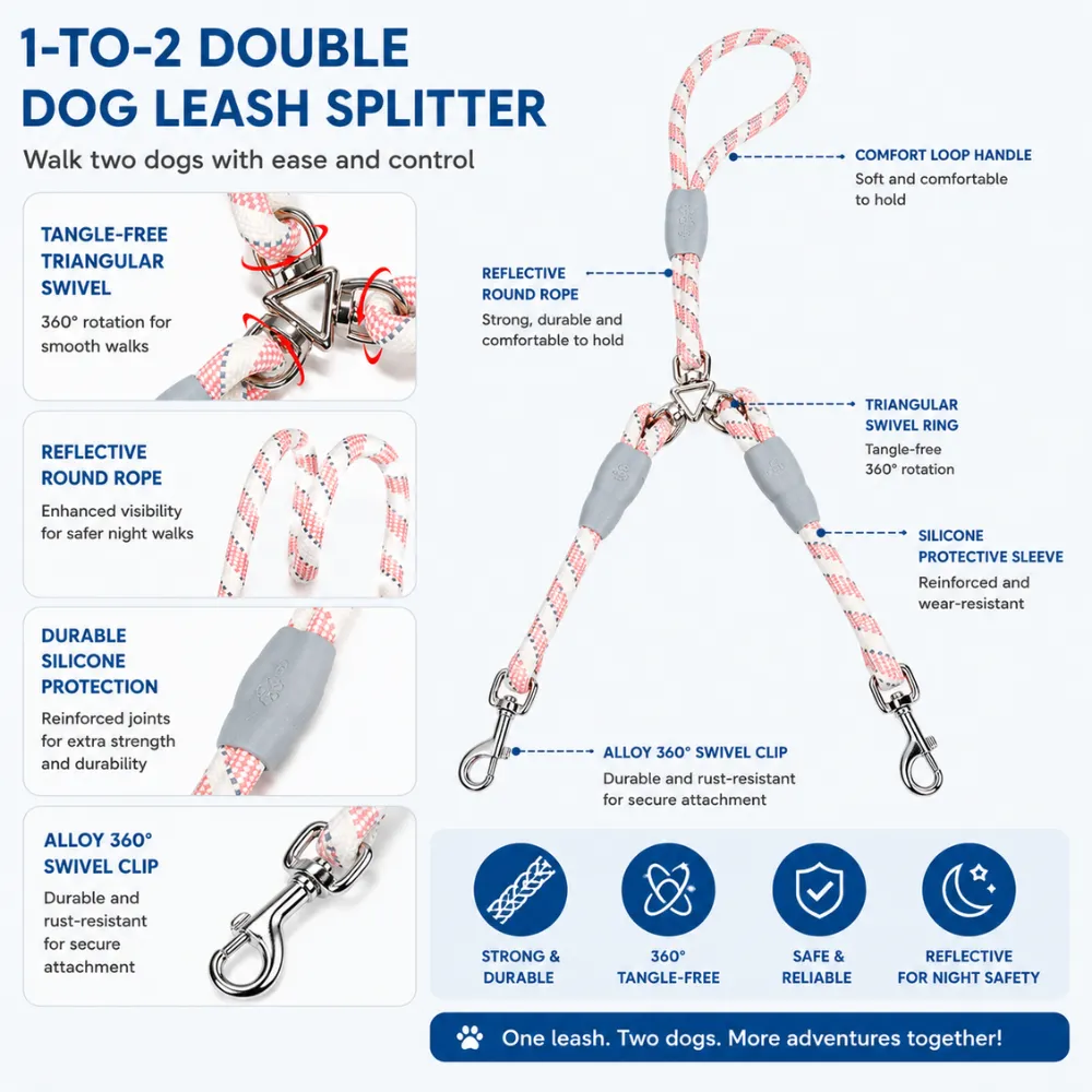 Reflective double dog leash splitter with swivel ring and alloy clips