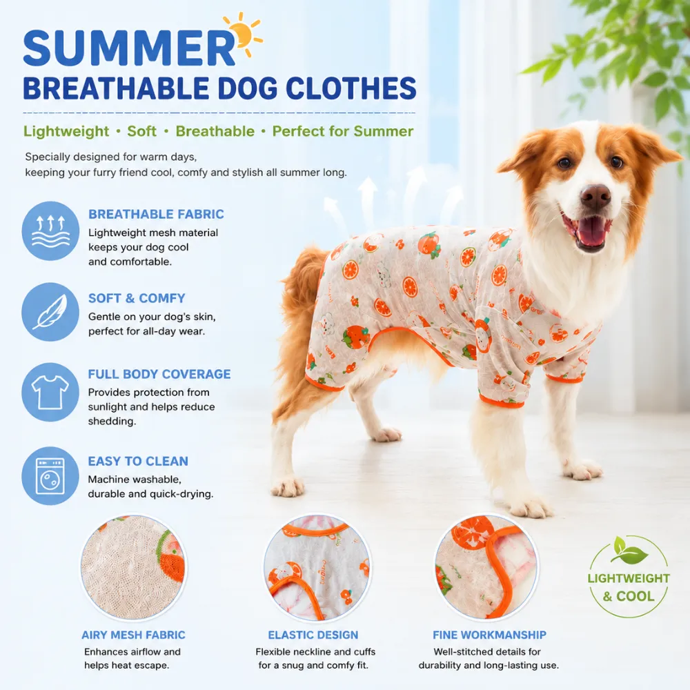 Dog wearing breathable mesh summer pajamas with lightweight cooling fabric indoors
