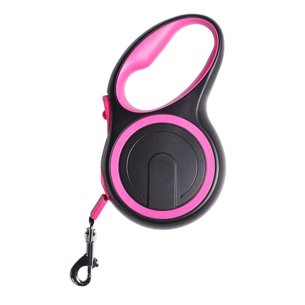Pink retractable dog leash with one button lock and durable metal hook for outdoor walks