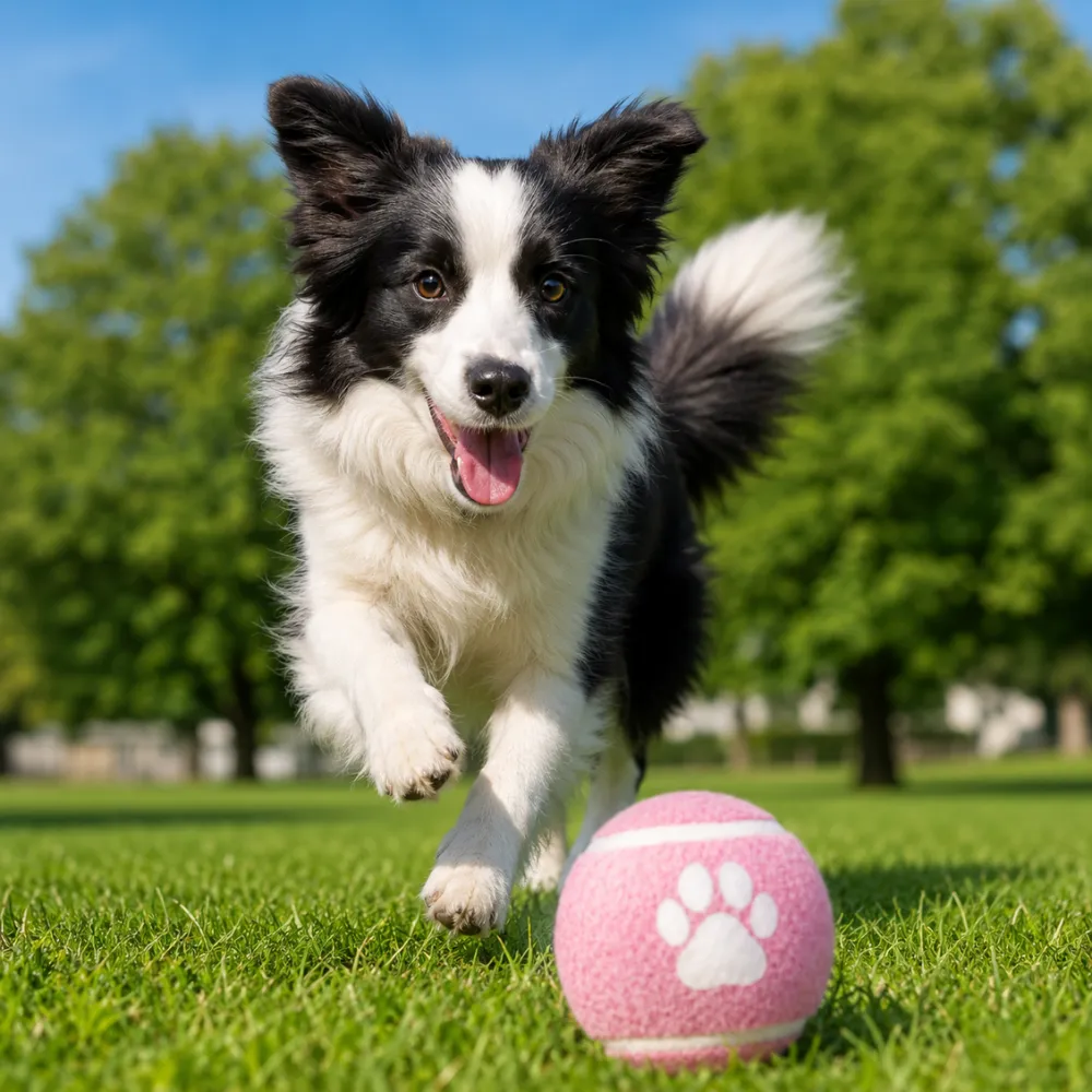 Border collie dog running toward pink bounce ball during outdoor fetch game on grass