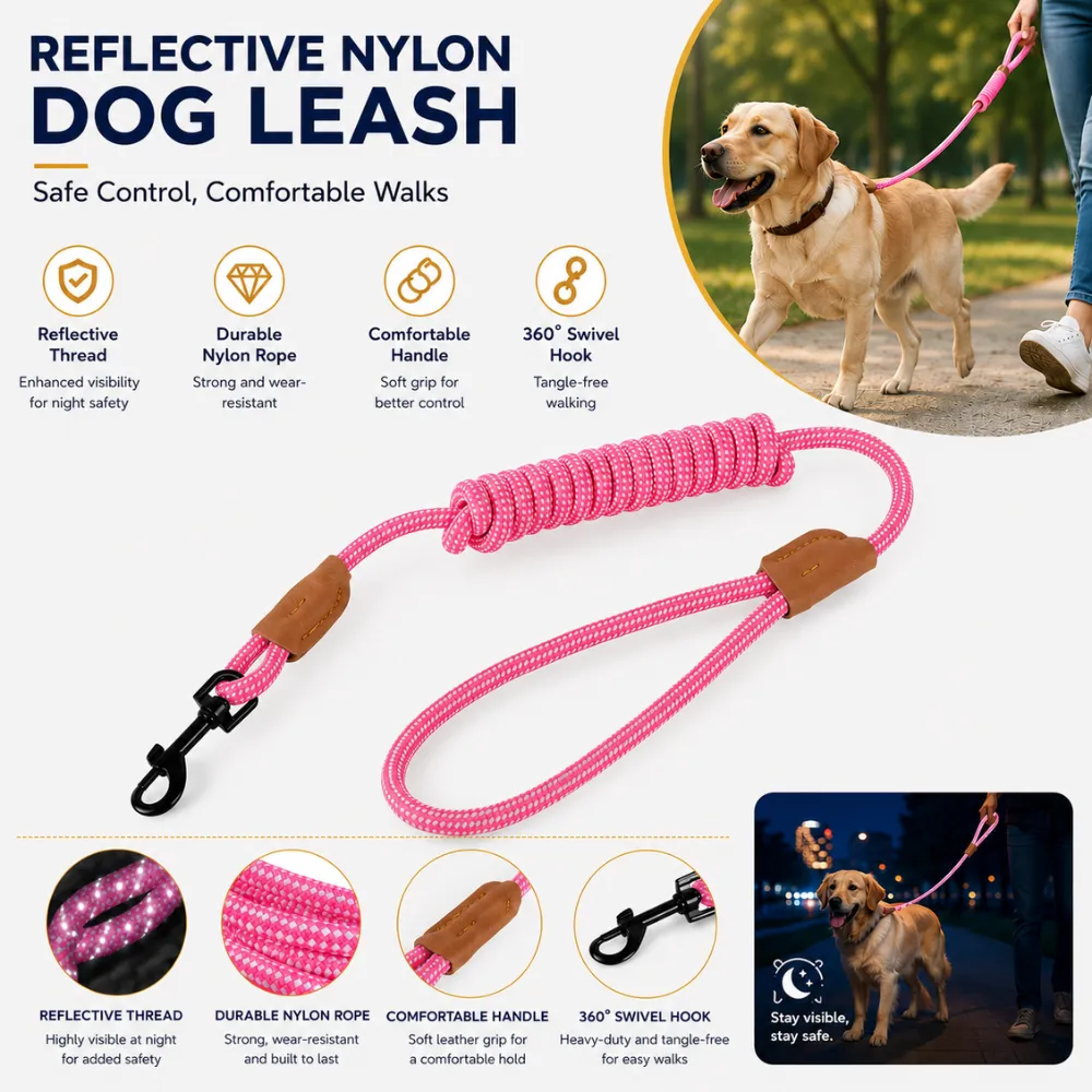 Reflective nylon dog leash featuring durable rope material comfortable handle and 360 swivel hook