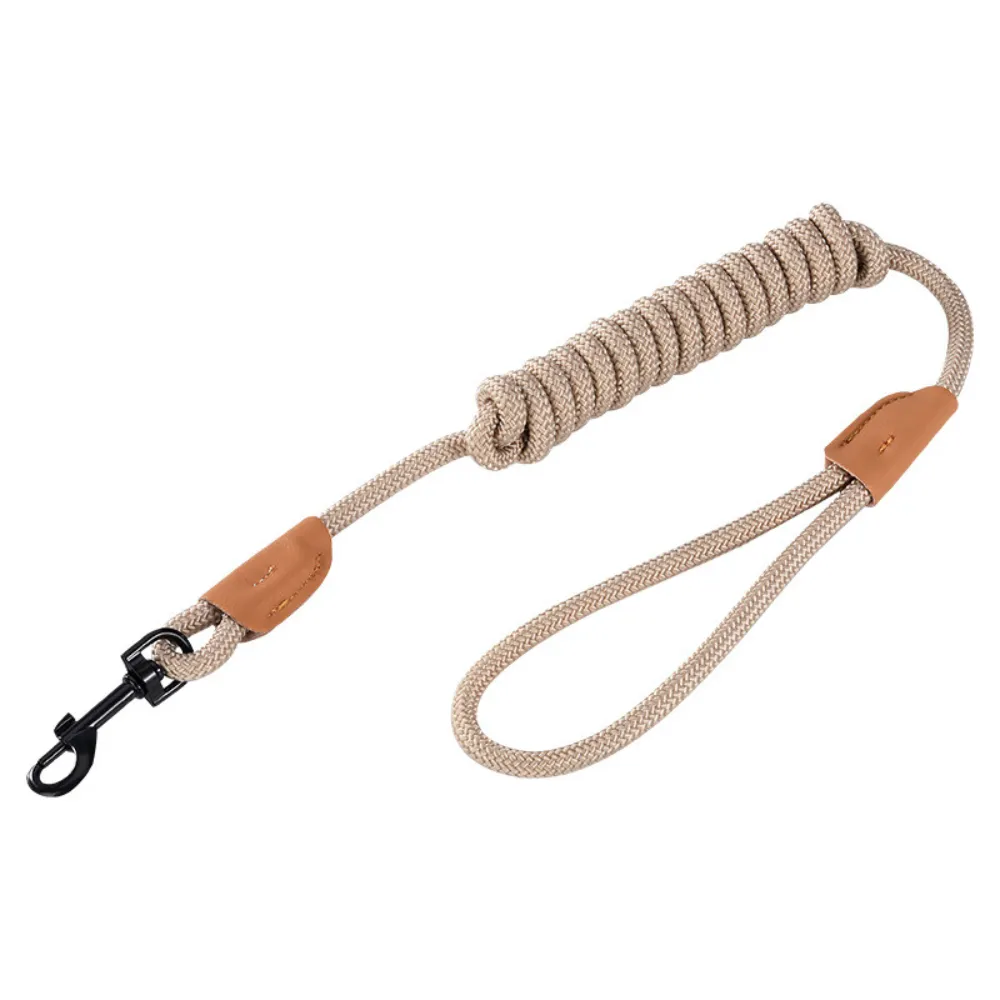 Brown nylon rope dog leash with soft grip handle and heavy duty swivel hook