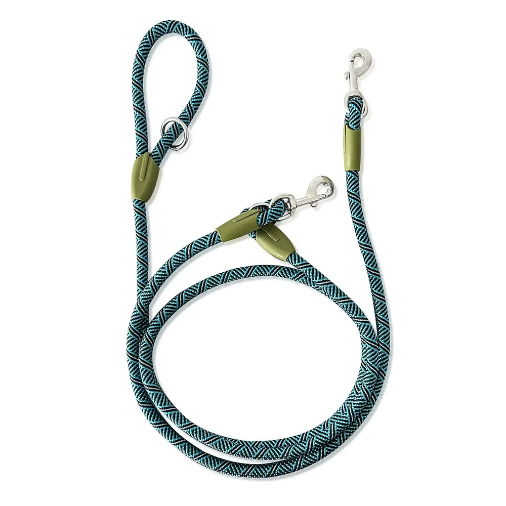 Blue and black braided dog leash with hands-free shoulder strap and metal hooks