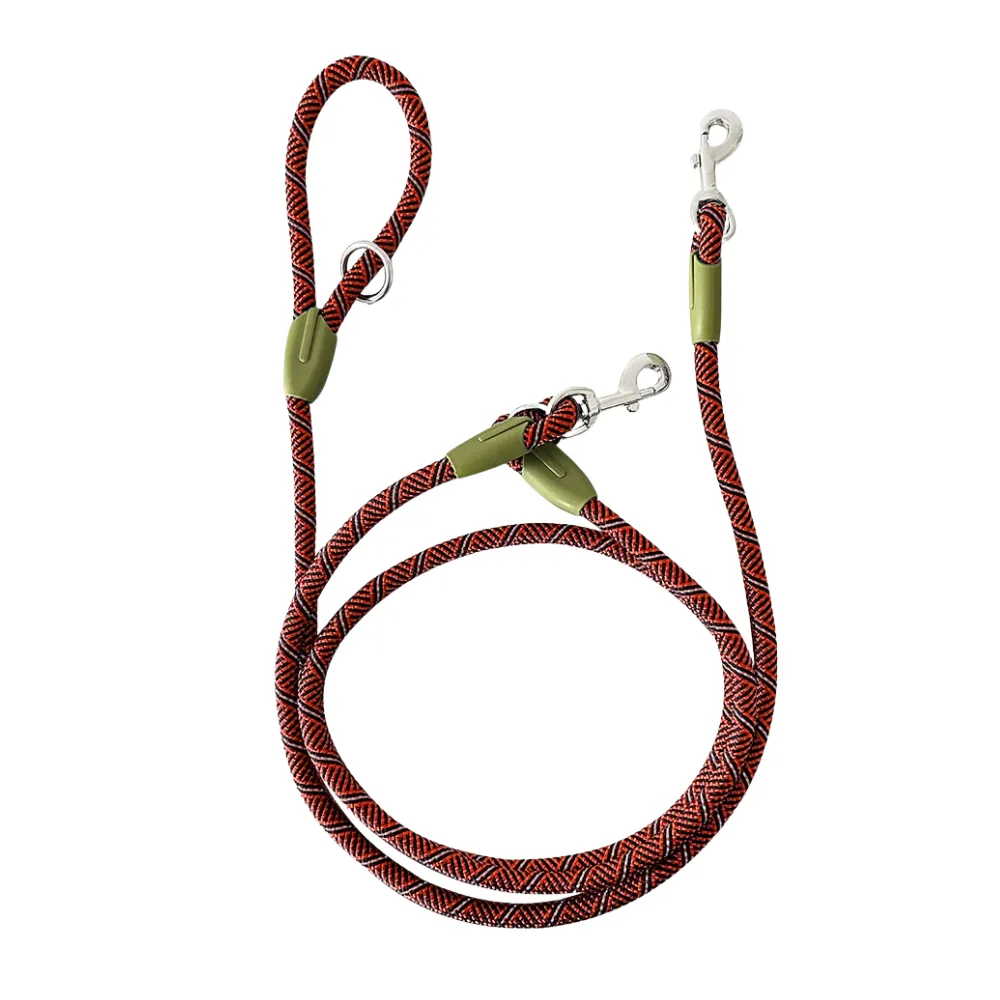 Red reflective braided rope dog leash with durable metal clasps and loop handle