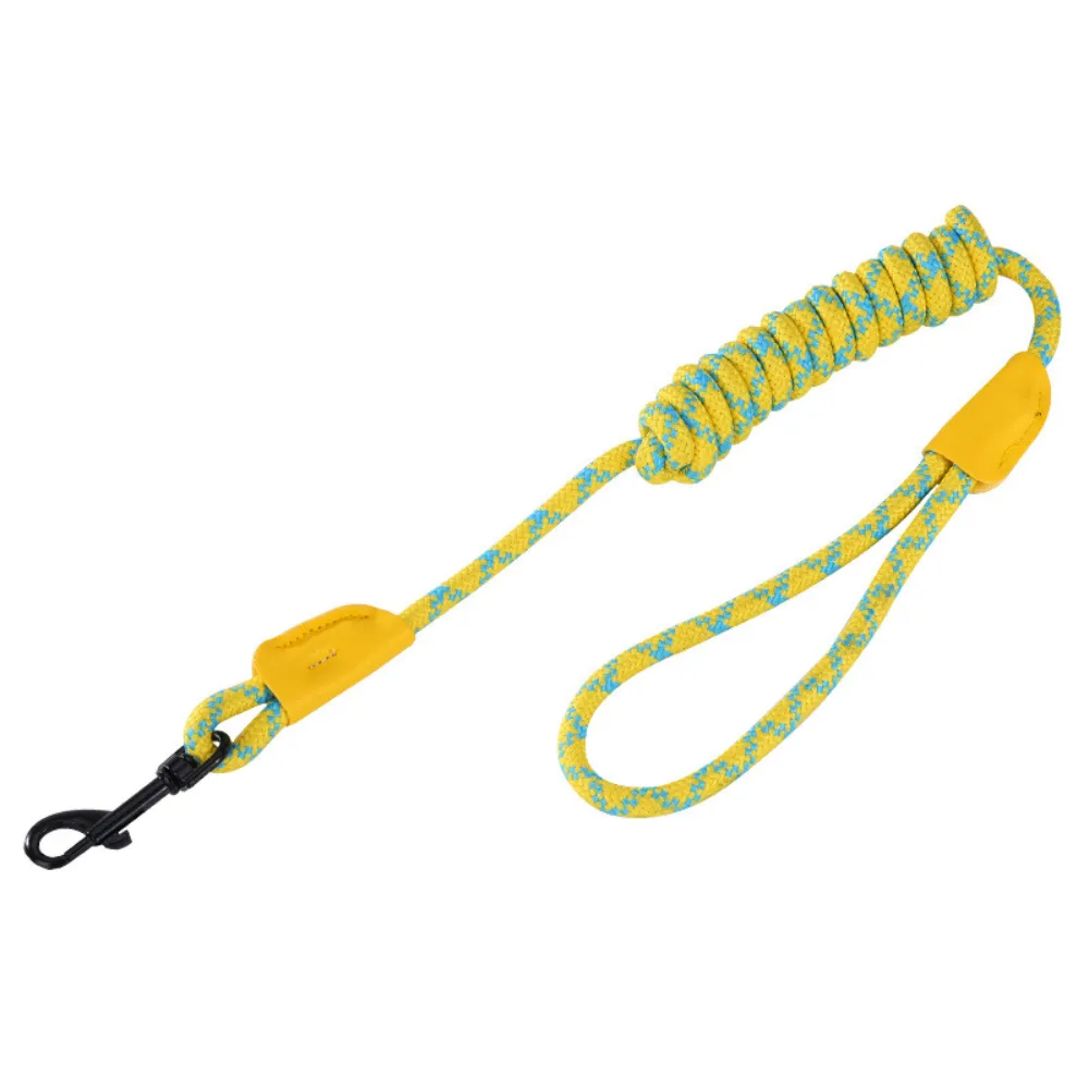 Yellow reflective nylon rope dog leash with soft handle and black swivel clasp