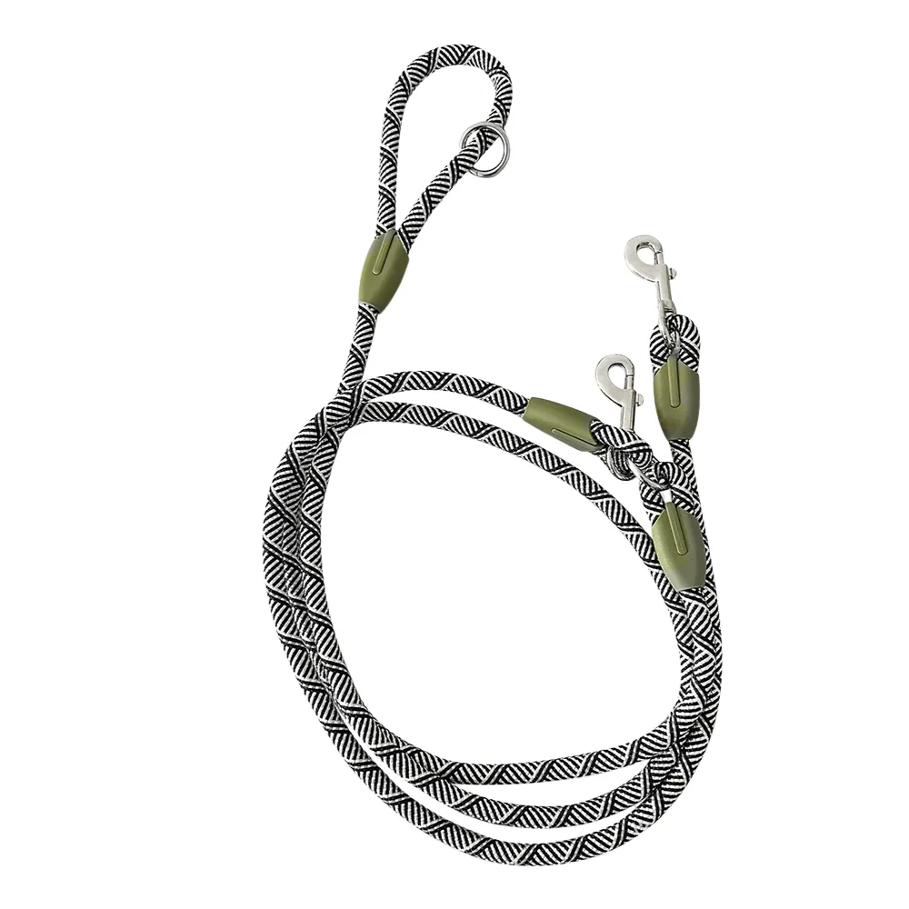 Black and white reflective dog leash with adjustable hands-free walking design