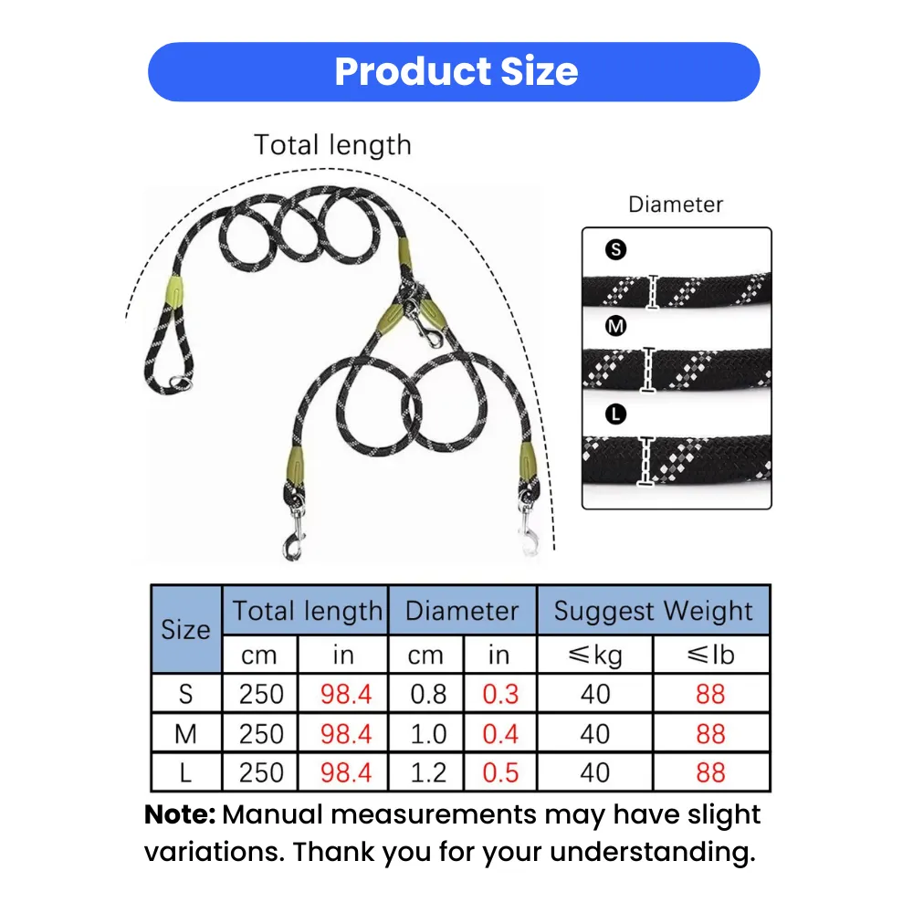 Adjustable reflective dog leash size chart with rope diameter and total length details