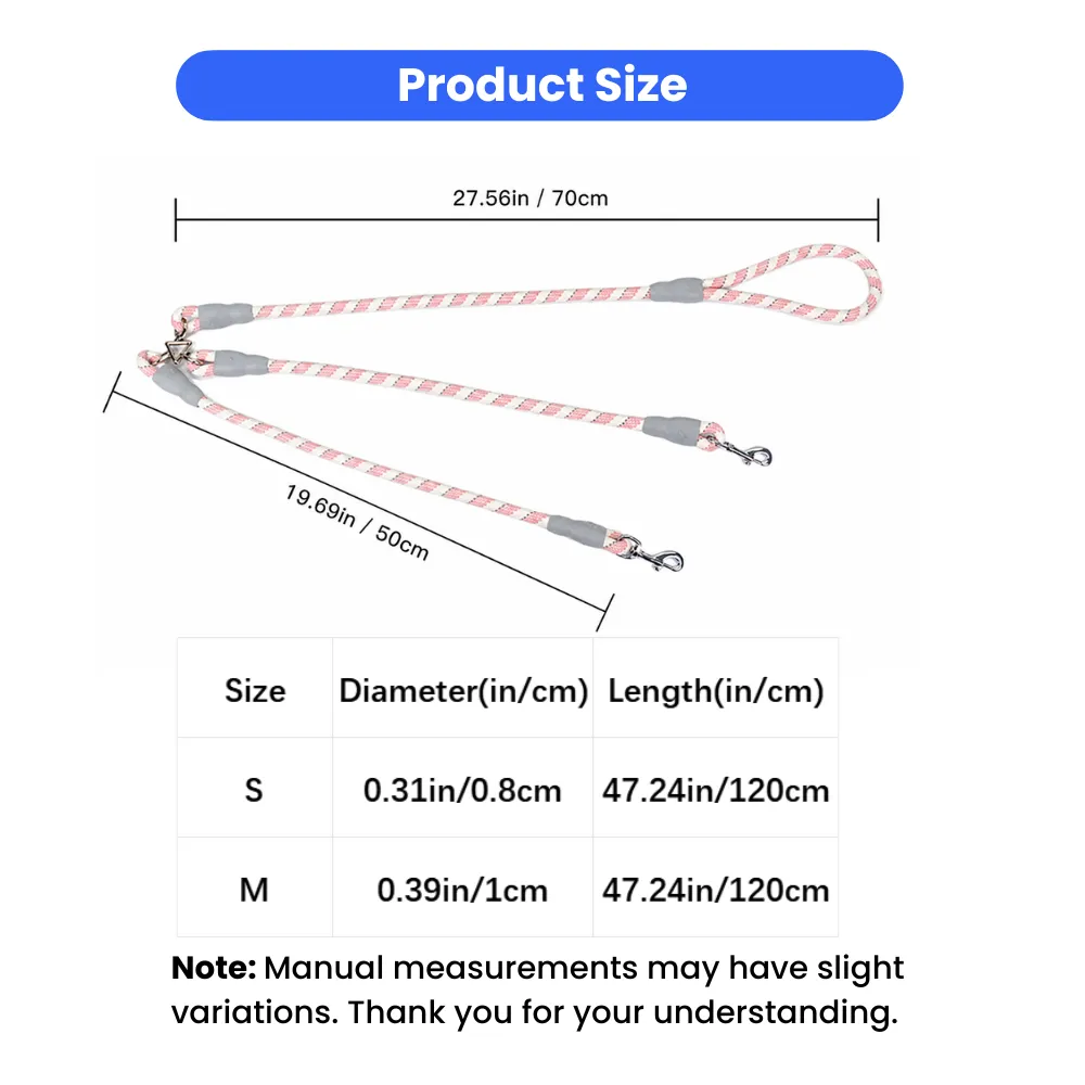Size chart of reflective dual dog leash splitter with dimensions and rope diameter