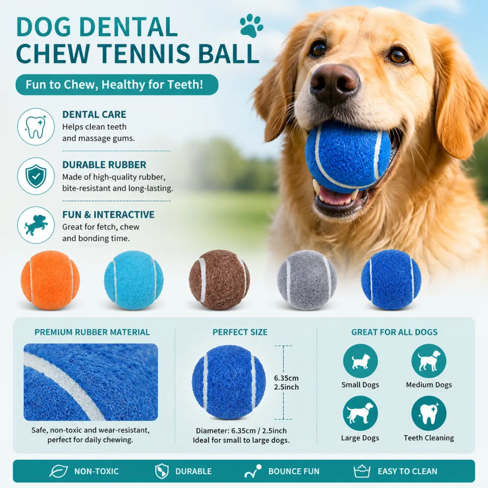 Dog dental chew tennis ball with durable rubber material and teeth cleaning features