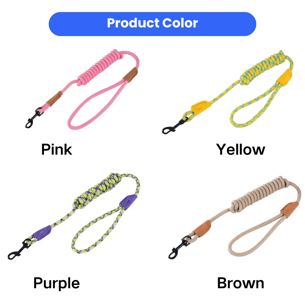Multiple color options of reflective rope dog leash including pink yellow purple and brown