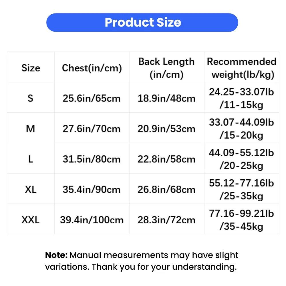Size chart for breathable summer dog pajamas with chest, back length, and recommended weight guide