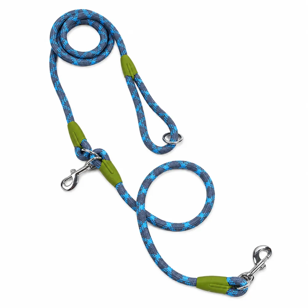 Blue reflective rope dog leash with adjustable loop handle and metal clasps